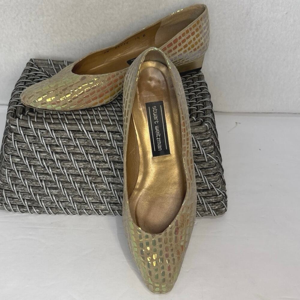 Stuart Weitzman Metallic Embossed ChicFlat Gold Iridescent Shoe Women’s Size 7.5
